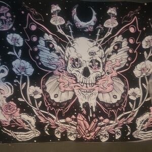 Mystical Skull and Butterfly Wall Tapestry - Black and Pink